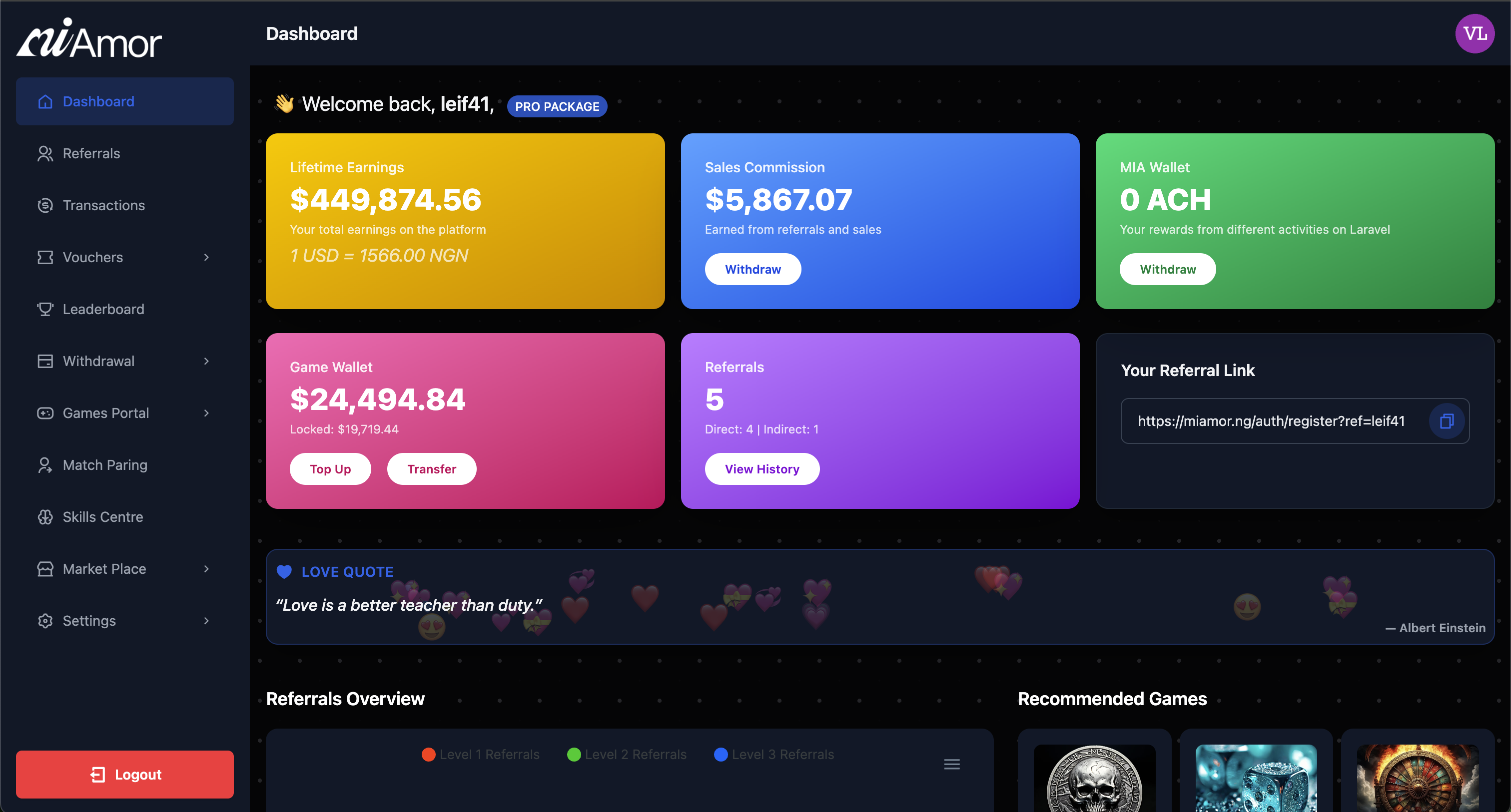 Miamor dashboard interface in dark mode showing earnings and games