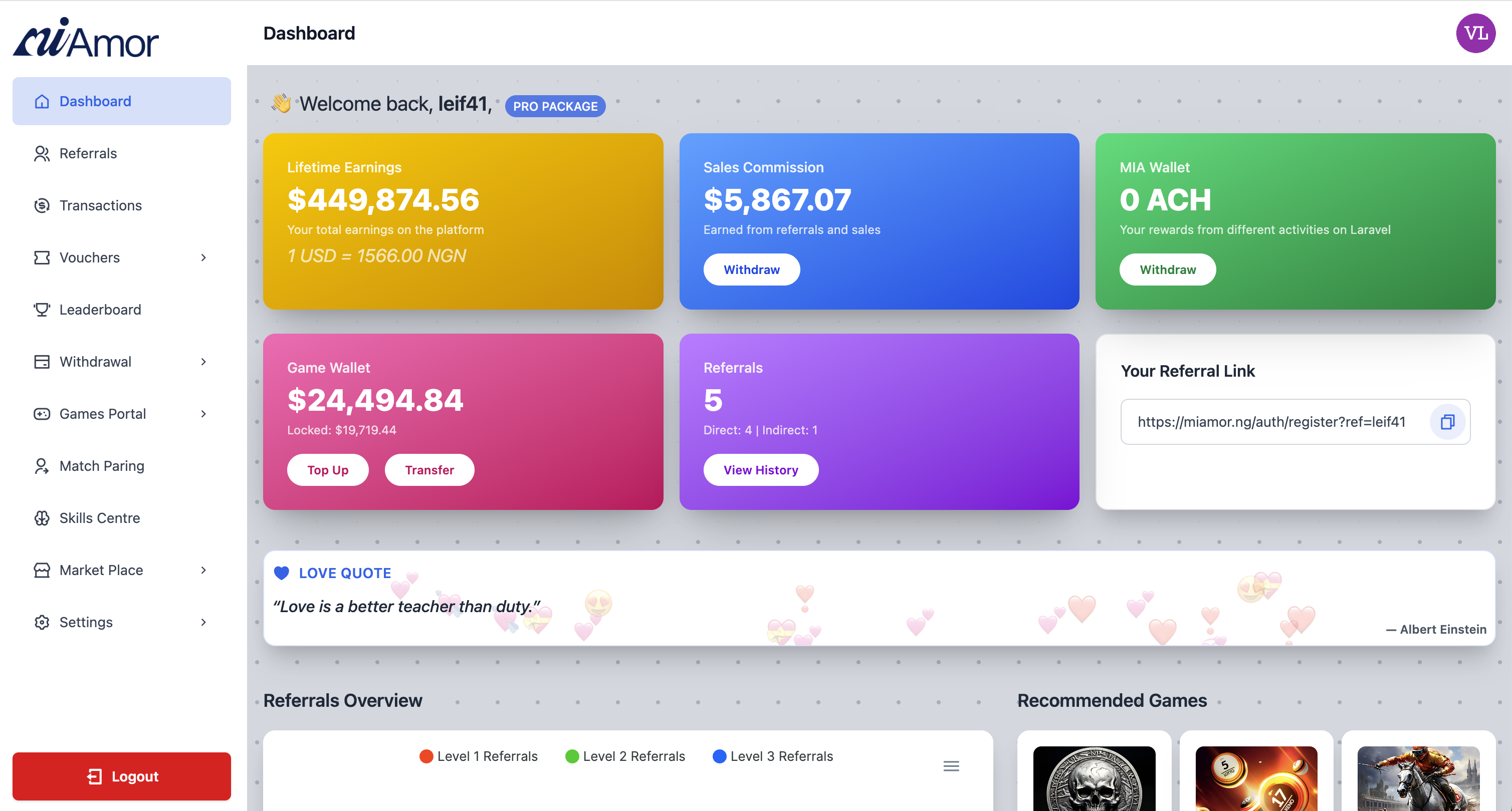 Miamor dashboard interface in light mode showing earnings and games